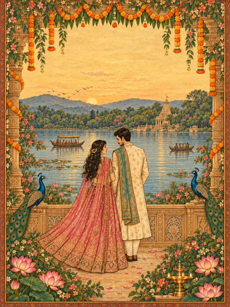 Illustrated Vikas and Samridhi by a peaceful lake, framed by marigolds and lotus flowers