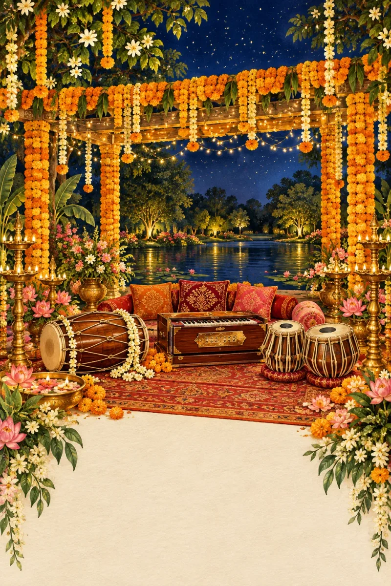 Sangeet garden with dholak, tabla, marigold garlands and glowing brass diyas